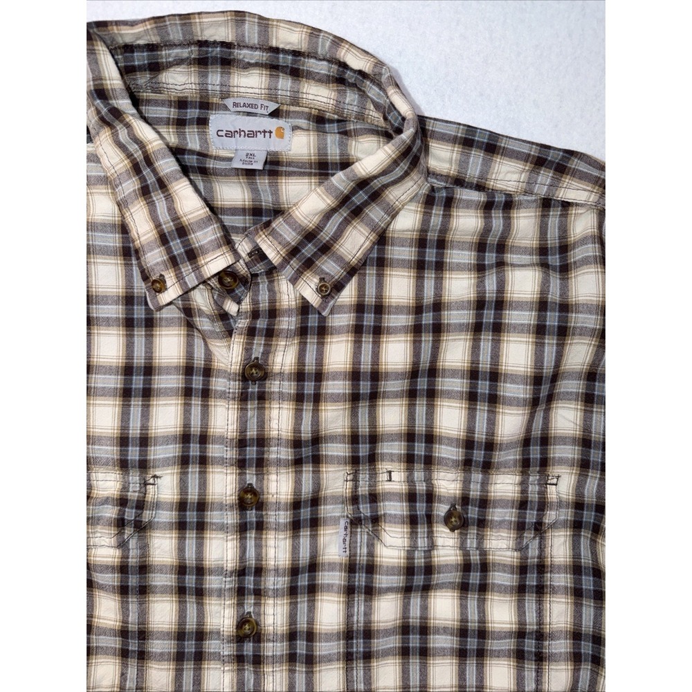 2XLT Carhartt Men Relaxed Fit Brown Plaid Button-Up Long Sleeve 2 Pockets Shirt